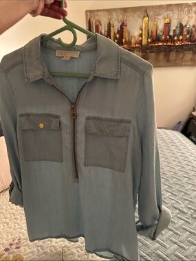 Michael Kors Denim  Soft Blue Zip-Front Shirt  with Hardware